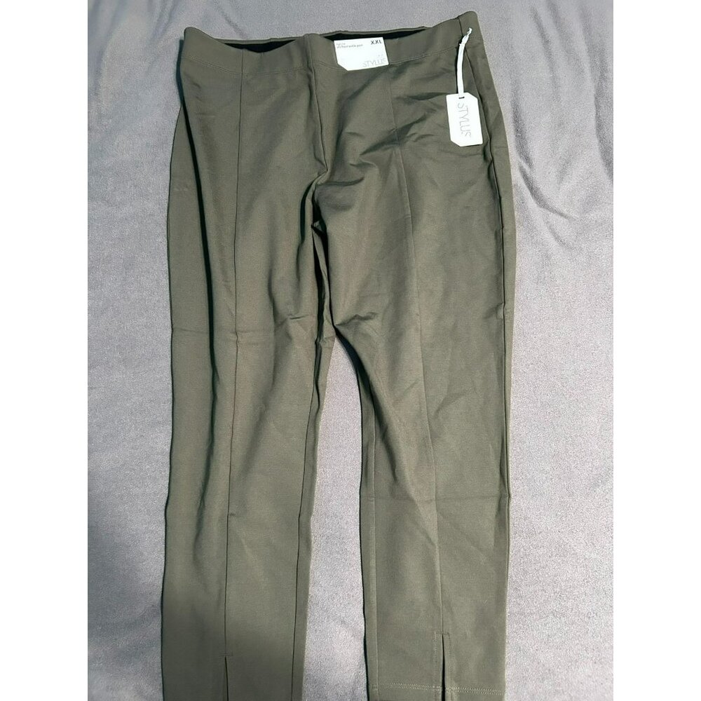 Stylus XXL Pull On Flat Slit Front Ankle Pants Olive Green Quick Dry Light